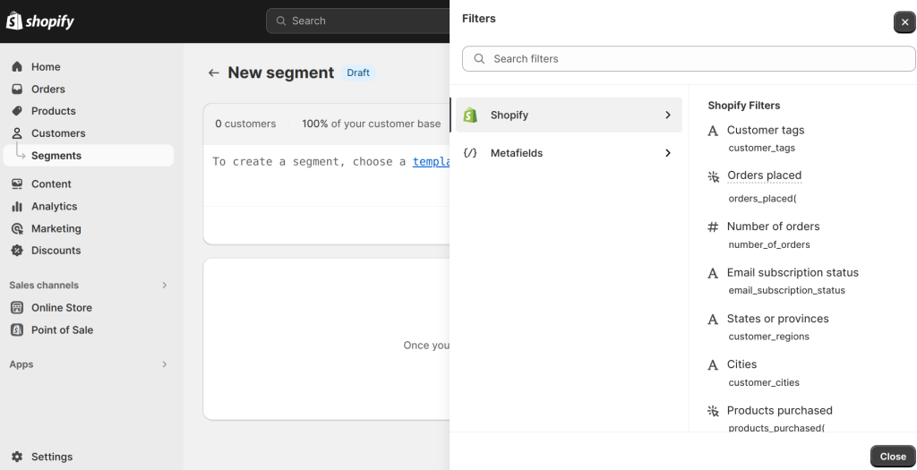 Creating segments using the filters option in Shopify