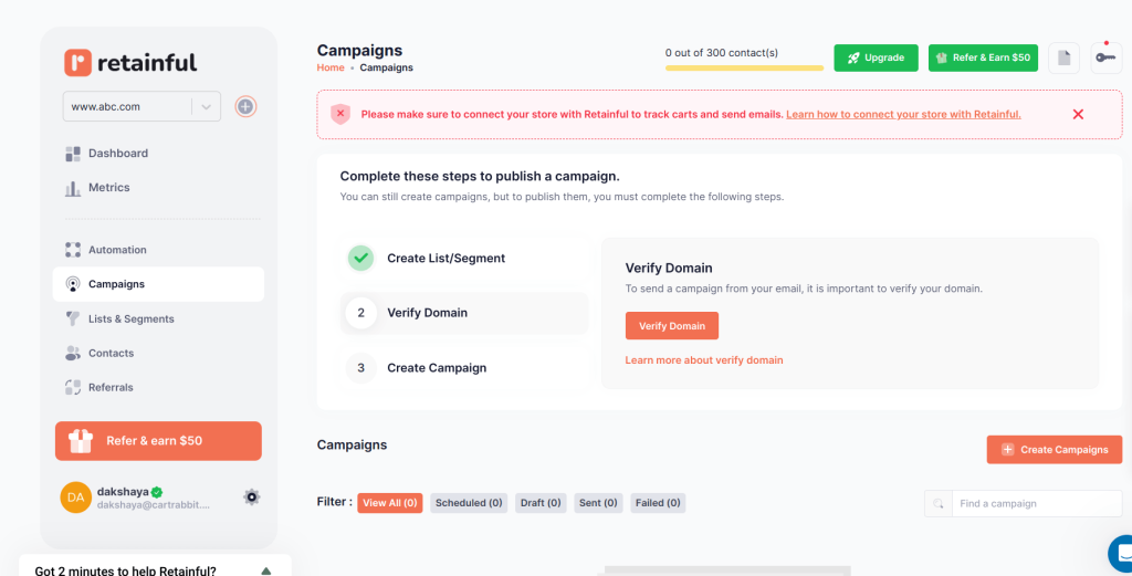 Campaigns in retainful dashboard