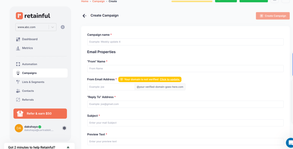 Setting up email properties in Retainful