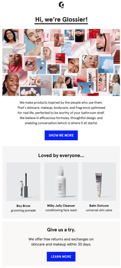 Ecommerce Welcome email example with compelling visuals