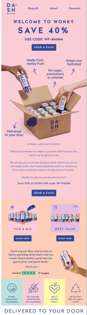 Welcome email marketing example about showcasing best-selling produts