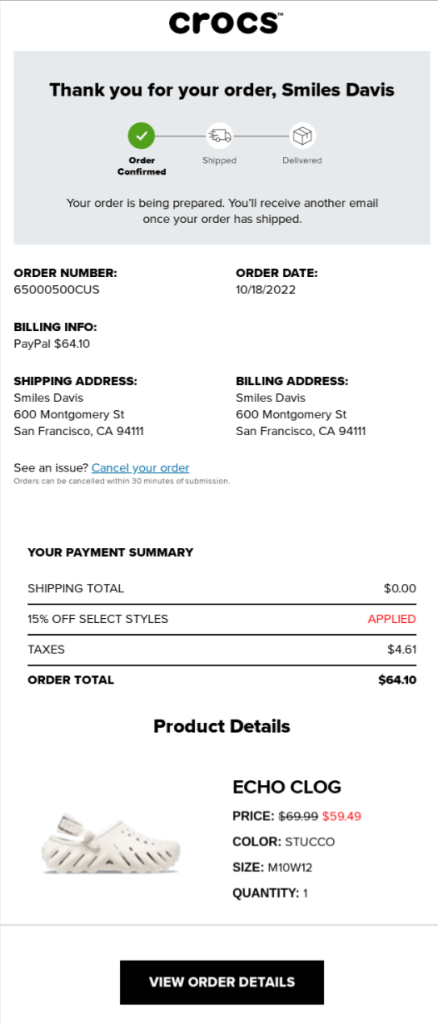 Transactional email marketing example