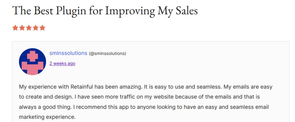 Customer review about WordPress email marketing app Retainful