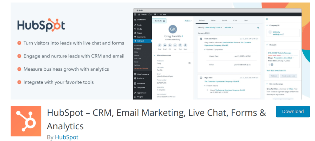 Hubspot WordPress email marketing plugin