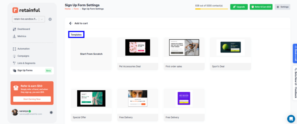 Choosing the popup template