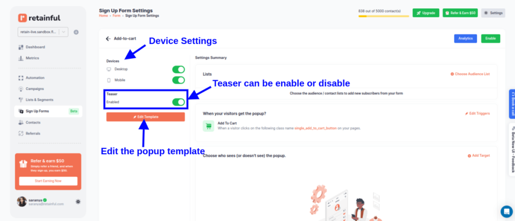 Enabling the teaser and devices to display pop-up 