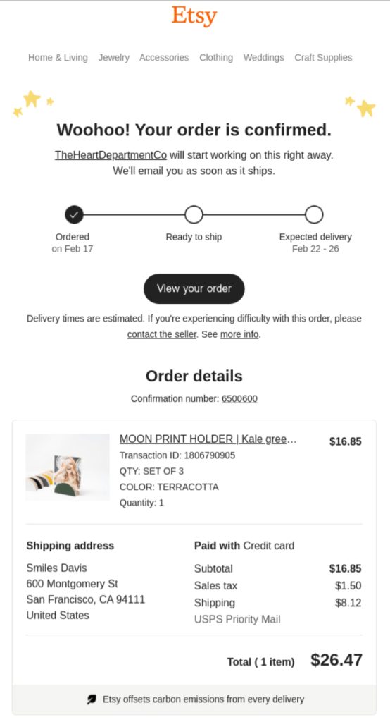 Marketing automation example of order confirmation email