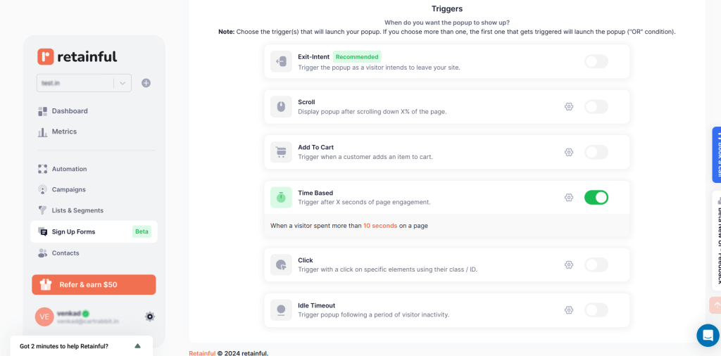 Signup form triggers in Retainful