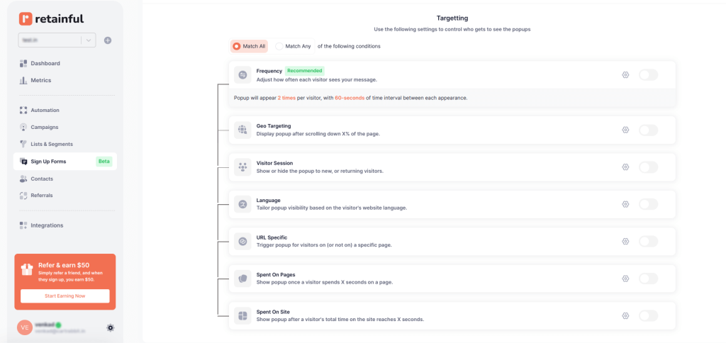 Signup form targeting in Retainful