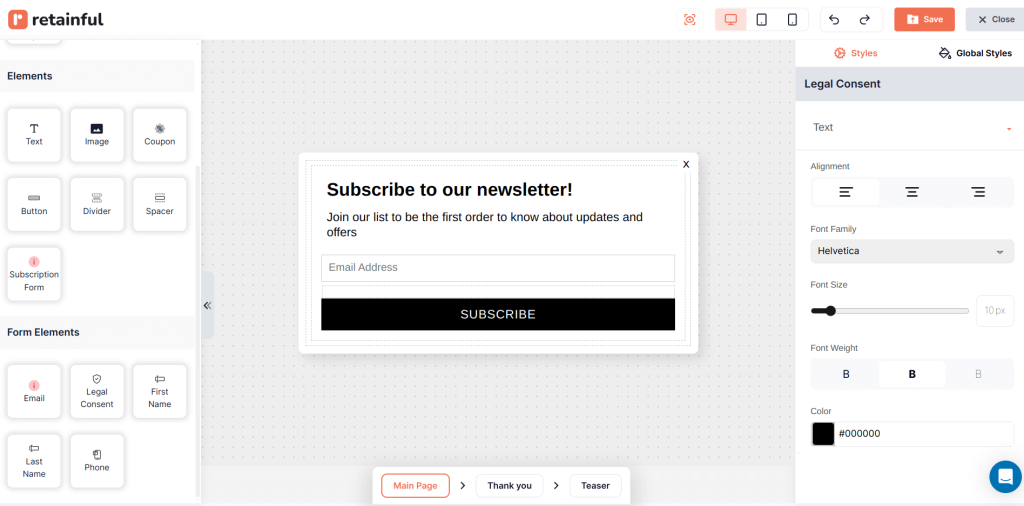 Retainful popup template customisation for signup forms