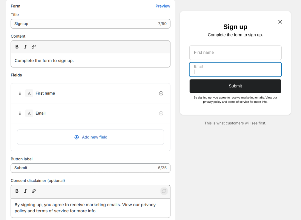 Editing the content of Shopify newsletter sign up popup 