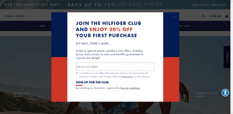 Shopify Newsletter Pop-up Example by Tommy Hilfiger