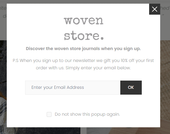 Shopify Newsletter Pop-up Example by Woven Store