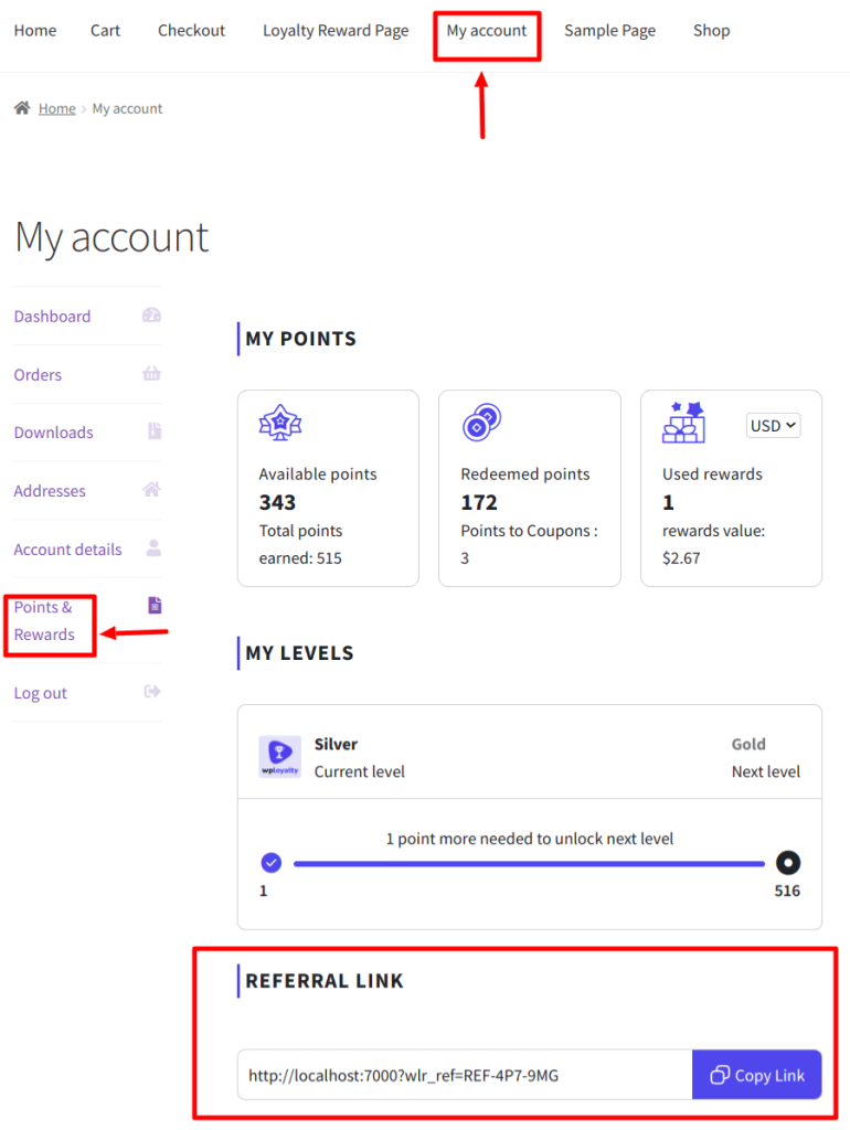 My account page in WPLoyalty