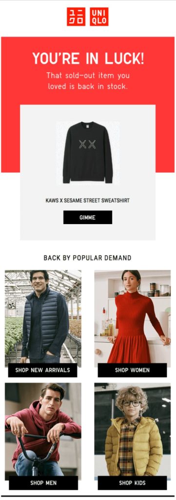 Personalized email example for back-in-stock notification