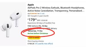 Screenshot of an Amazon product page for AirPods highlighting the delivery promise "Arrives before Christmas" circled in red to demonstrate psychological reassurance.