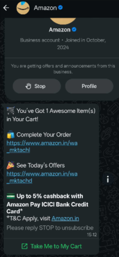 A WhatsApp chat interface from an Amazon Business account showing an abandoned cart recovery message. It includes a direct "Take Me to My Cart" button and a promotional cashback offer to incentivize the customer to return and complete their purchase.