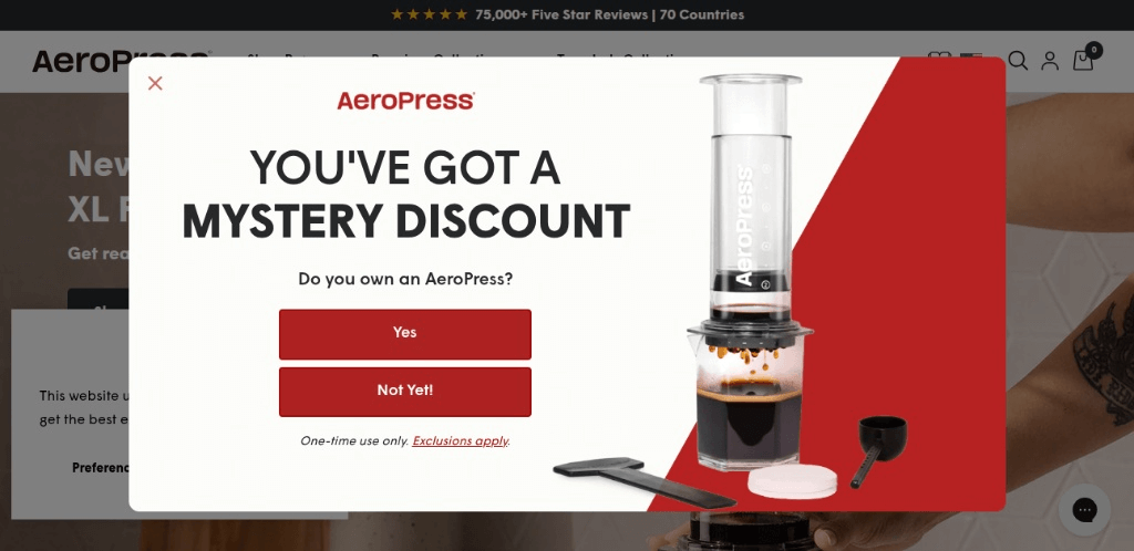 AeroPress WordPress popup plugin example showing a 50% scroll depth trigger with a micro-commitment button.