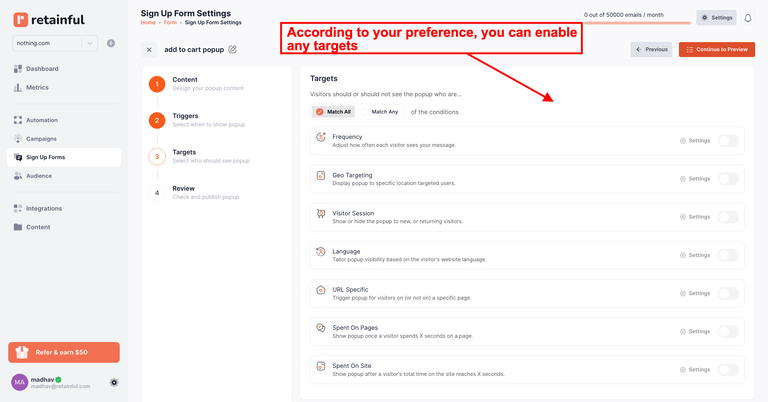 Configuring Target settings for Popups in Retainful