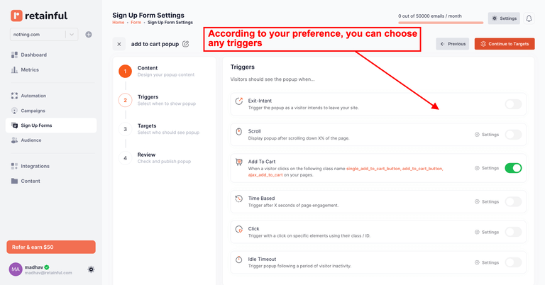 Configuring trigger settings for popups in Retainful