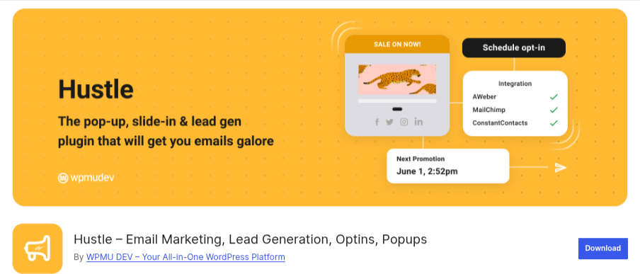 Hustle plugin banner promoting popups, slide-ins, and lead generation tools to capture emails and grow marketing lists.