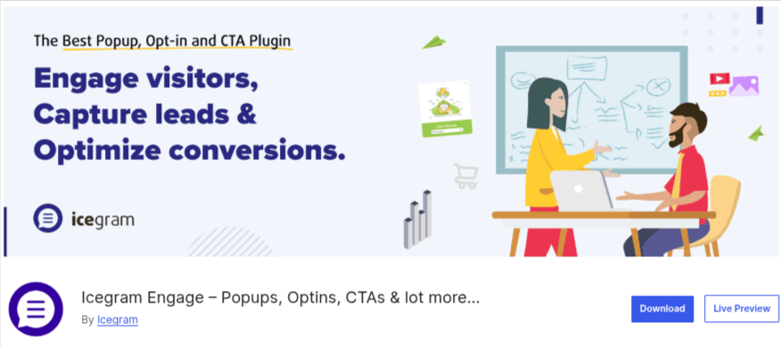 Icegram Engage banner highlighting popups, opt-ins, and CTAs to capture leads and optimize website conversions.