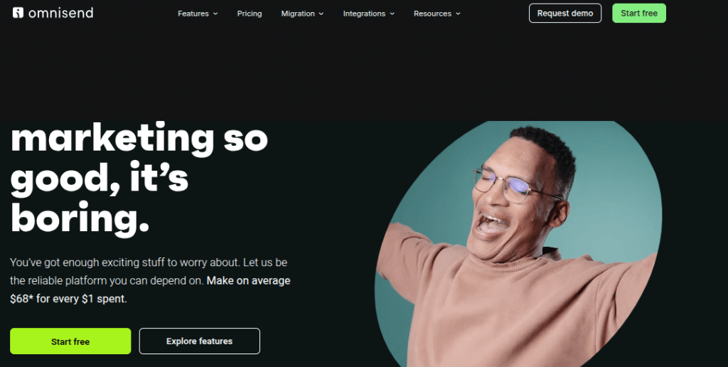 Omnisend homepage promoting an email and SMS marketing platform.