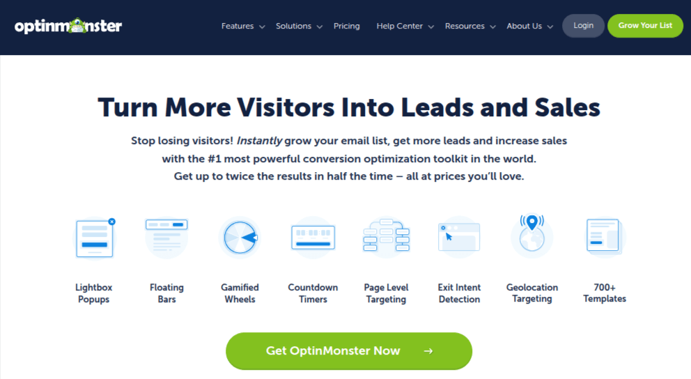 OptinMonster homepage highlighting conversion tools that turn website visitors into leads and sales using popups