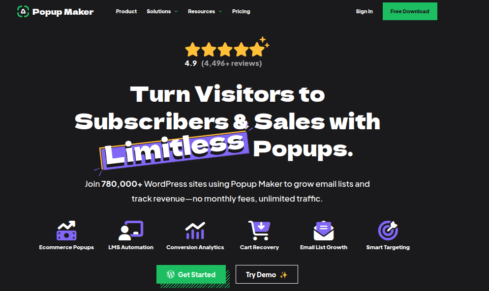 Popup Maker homepage promoting unlimited popups to turn website visitors into subscribers and sales on WordPress