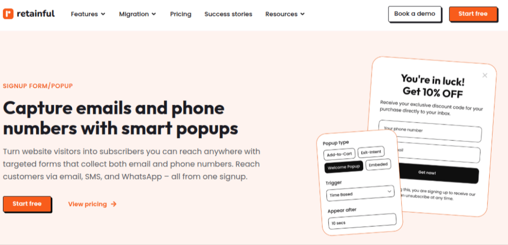 Retainful landing page showing smart signup popups to capture email addresses and phone numbers