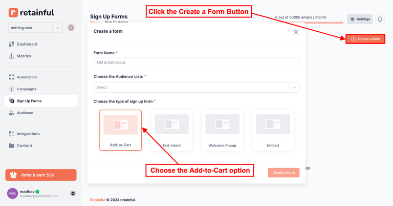 Selecting the popup type in Retainful