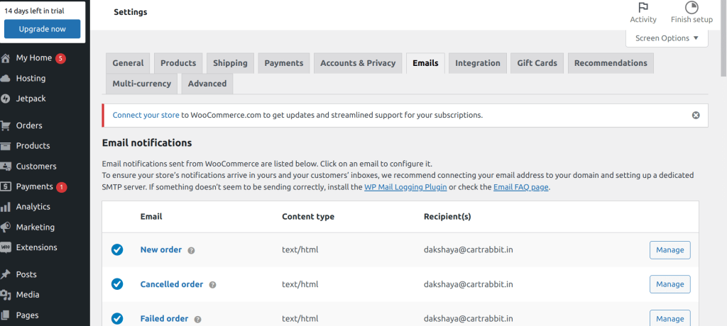 WooCommerce transactional emails list in default option
