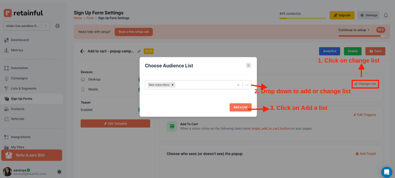 Choosing the email list to add email addresses collected through WooCommerce add-to-cart popup 