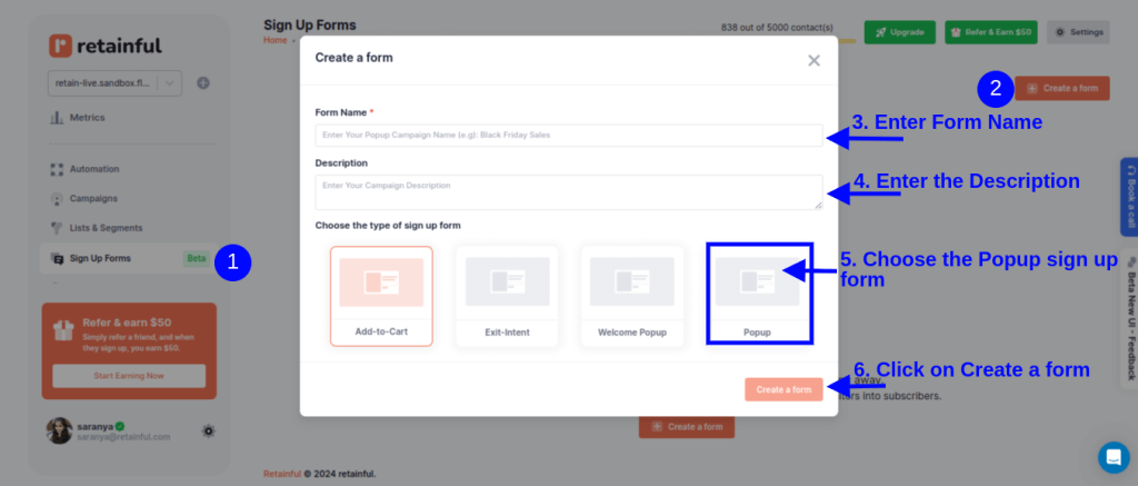 Choosing the type of popup in Retainful WordPress popup plugin