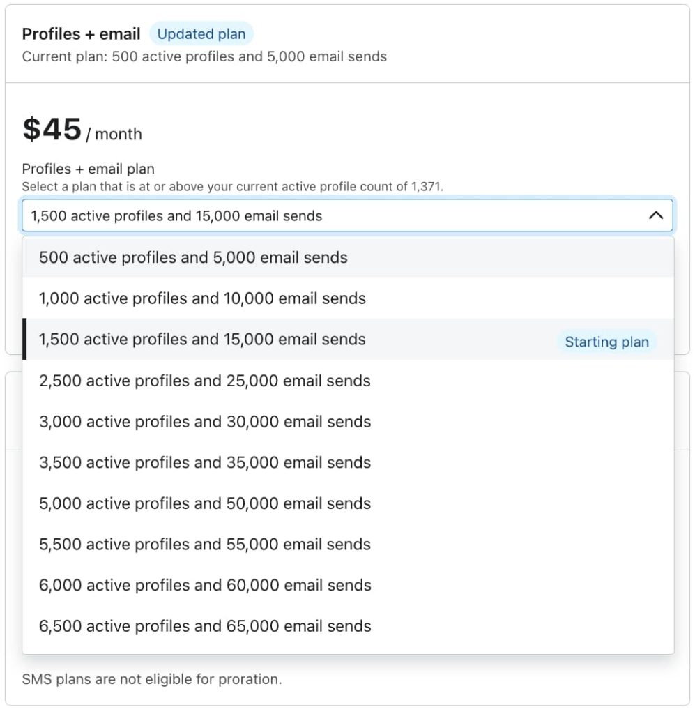 Klaviyo pricing plan based on active profiles and email sends