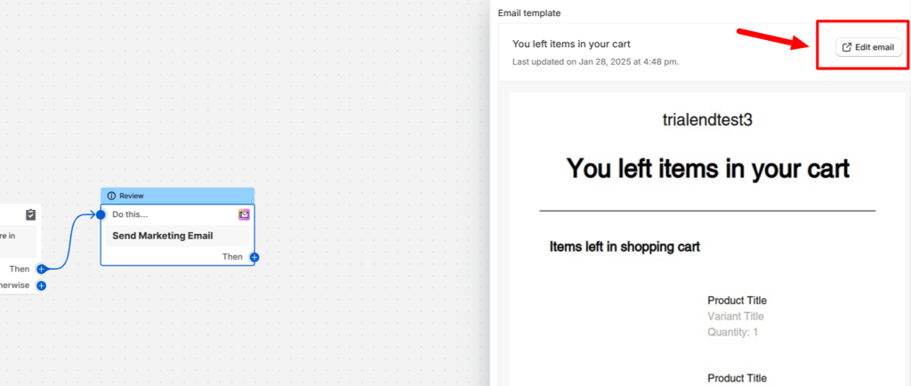 Selecting the email block and click ‘Edit Email’