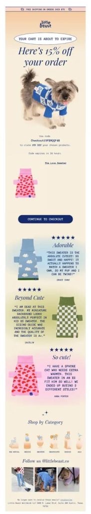 Abandoned cart discount coupon email example from Little Beast