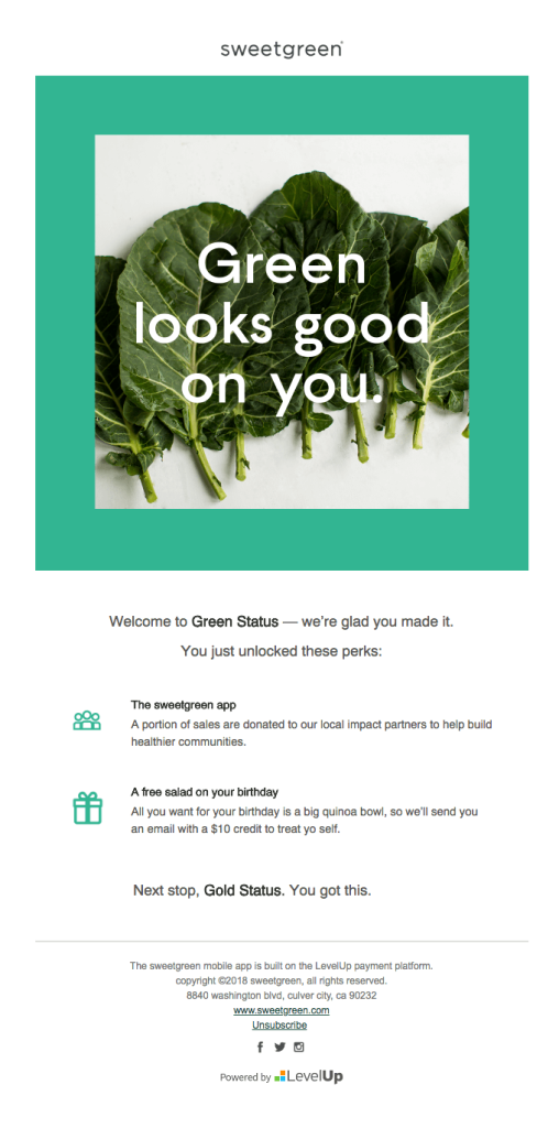 Exclusive green status discount offer email sample from Sweetgreen