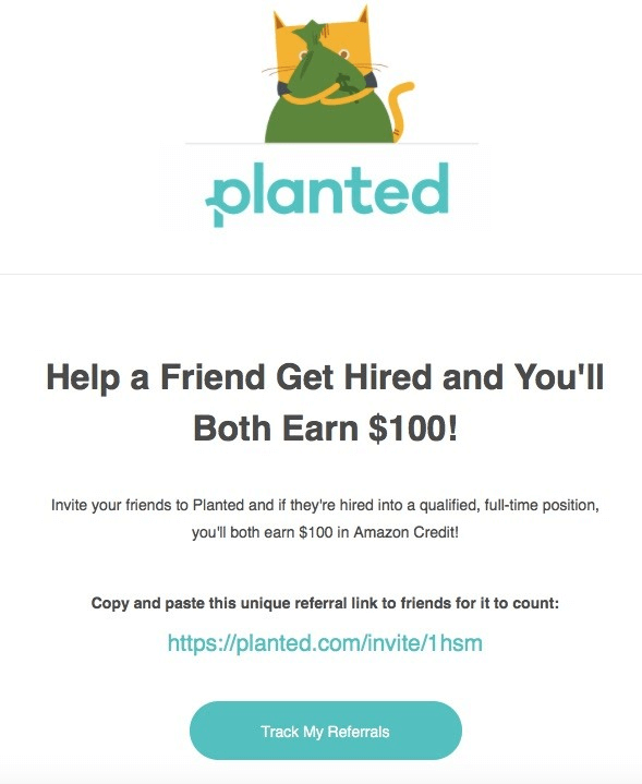 Planted’s referral email with discount offer message