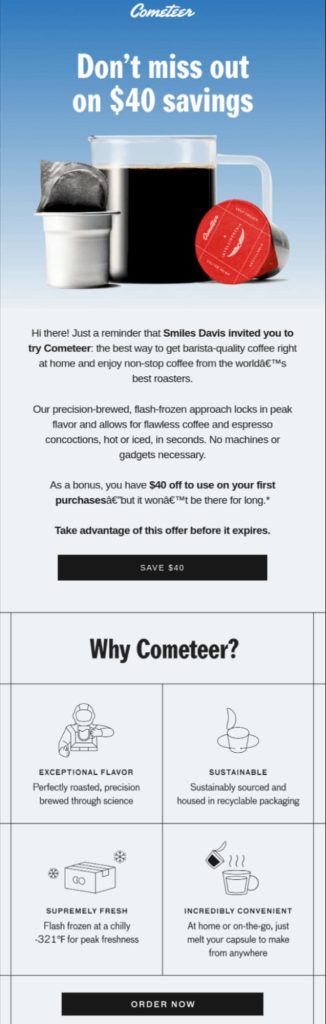 Re-engagement email campaign example for reminding about exclusive offer