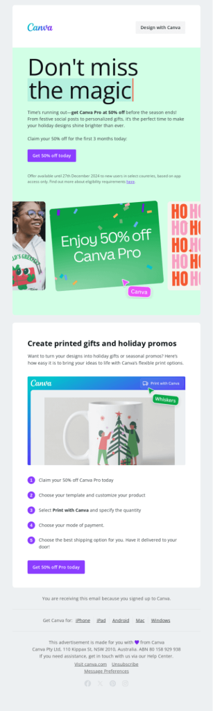 Seasonal discount coupon email example from Canva