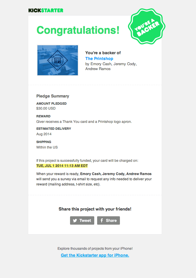 Thank you discount offer email template  by KickStarter