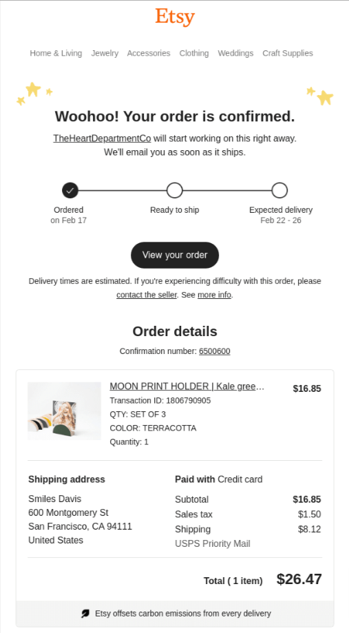 Trigger email marketing example for order confirmation