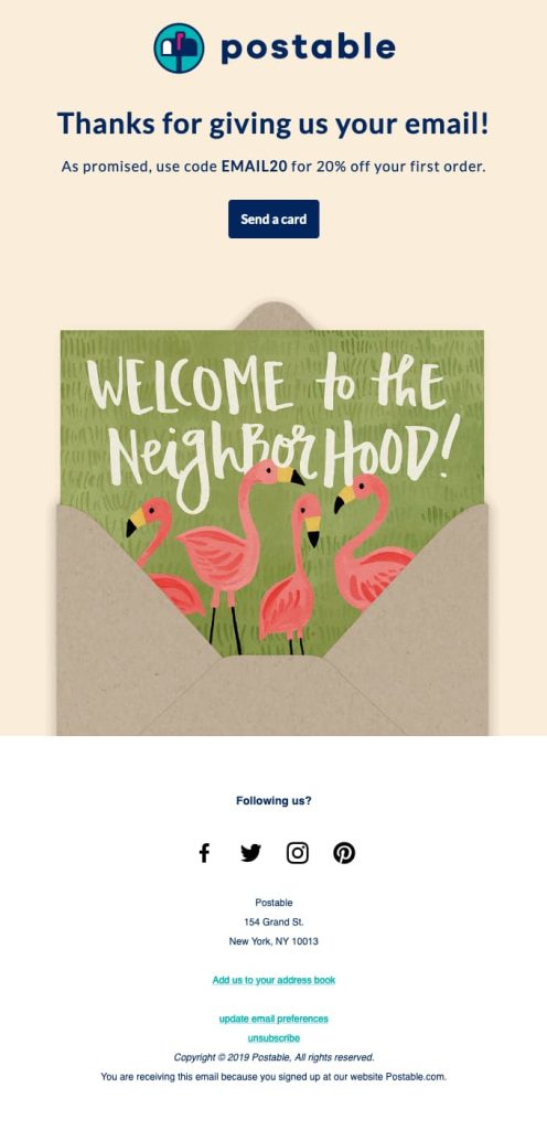 Welcome discount offer email template by Postable