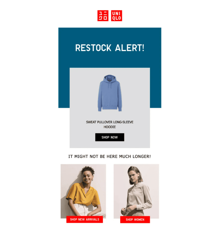 A back in stock email example from Uniqlo featuring the restocked product along with the new releases