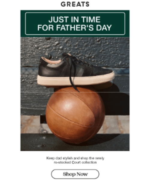 A back in stock email template from Greats for Father’s Day featuring a restocked court collection with nostalgic aesthetics
