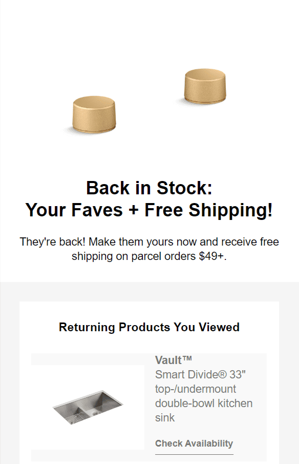 A personalized back in stock email example based on the products the customer has searched