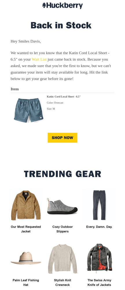 A personalized product restock notification template from Huckberry displaying products of various categories along with the restocked product for cross-selling