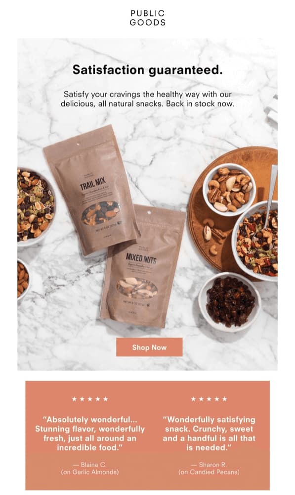 A restock alert email template from PublicGoods featuring the product with testimonials to increase trust and brand credibility