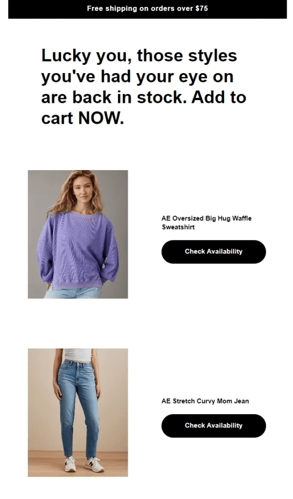 A restock email example from American Eagle featuring the restocked products with a minimalistic email design